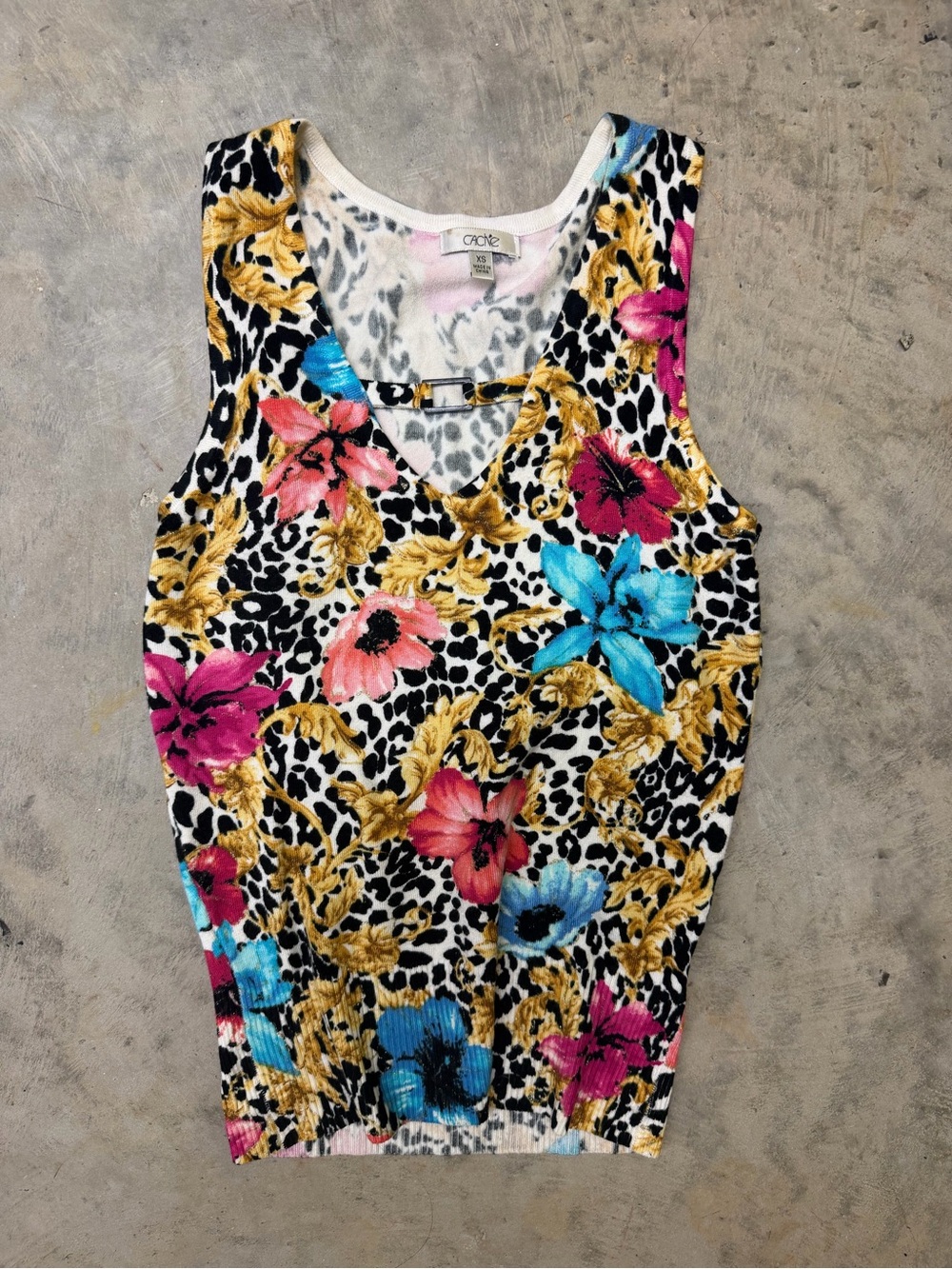 Cache Multicolor Floral & Leopard V-Neck Knit Tank